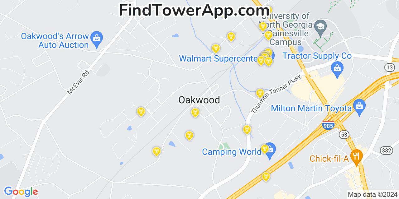 AT&T 4G/5G cell tower coverage map Oakwood, Georgia