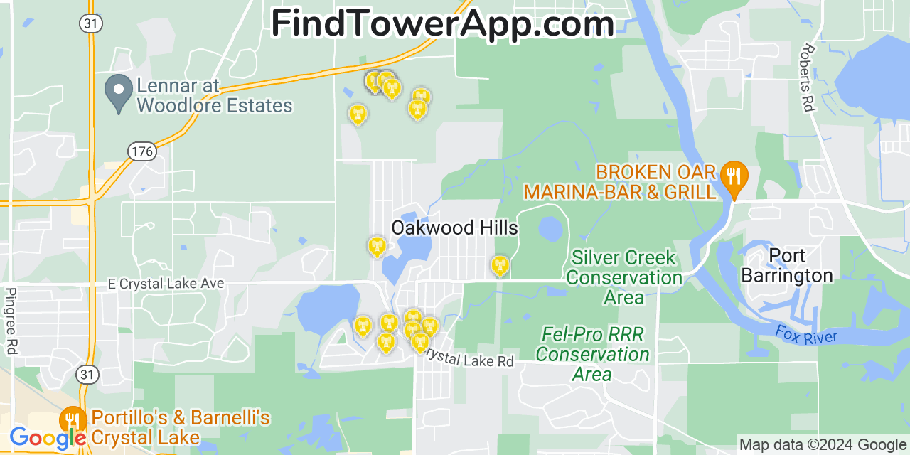 AT&T 4G/5G cell tower coverage map Oakwood Hills, Illinois