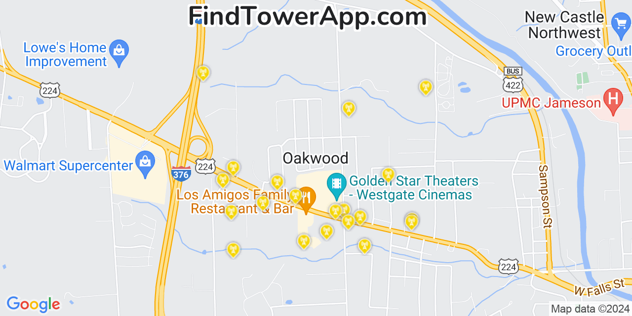 AT&T 4G/5G cell tower coverage map Oakwood, Pennsylvania
