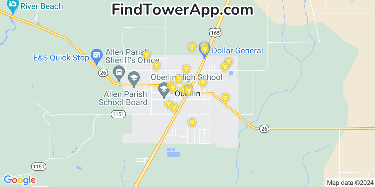 AT&T 4G/5G cell tower coverage map Oberlin, Louisiana