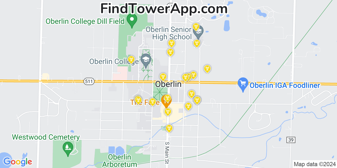 AT&T 4G/5G cell tower coverage map Oberlin, Ohio
