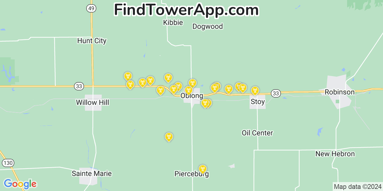 AT&T 4G/5G cell tower coverage map Oblong, Illinois