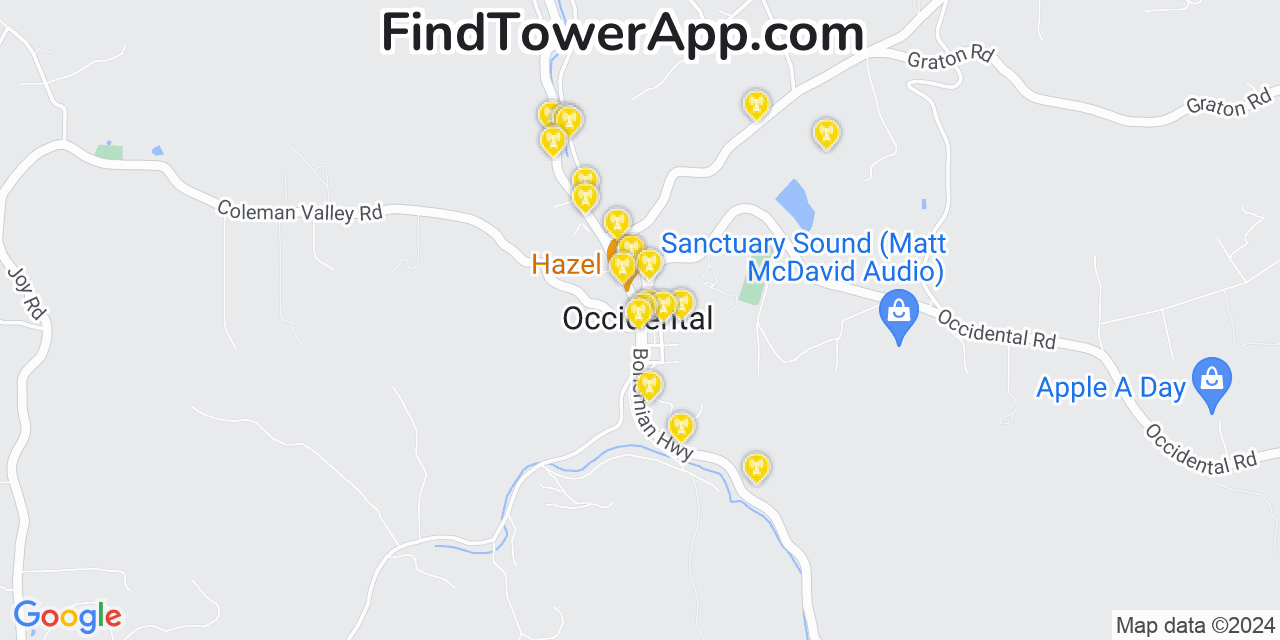 AT&T 4G/5G cell tower coverage map Occidental, California