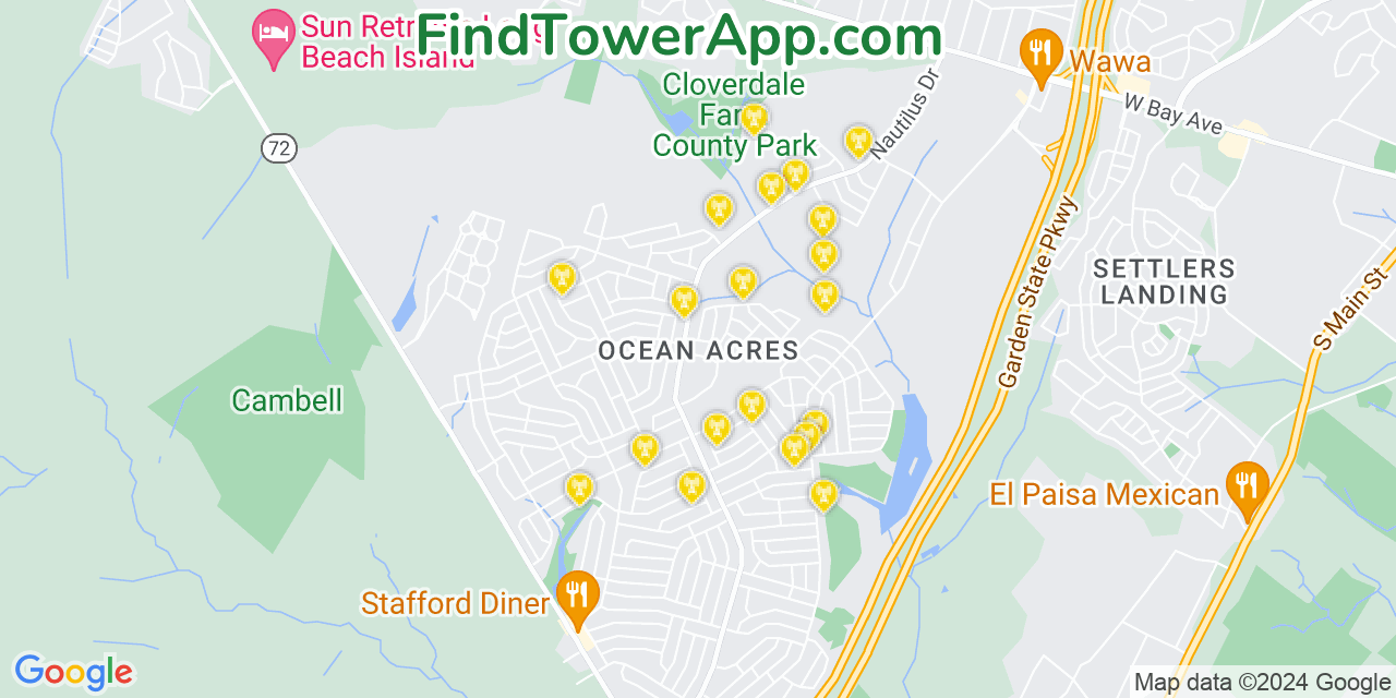 AT&T 4G/5G cell tower coverage map Ocean Acres, New Jersey