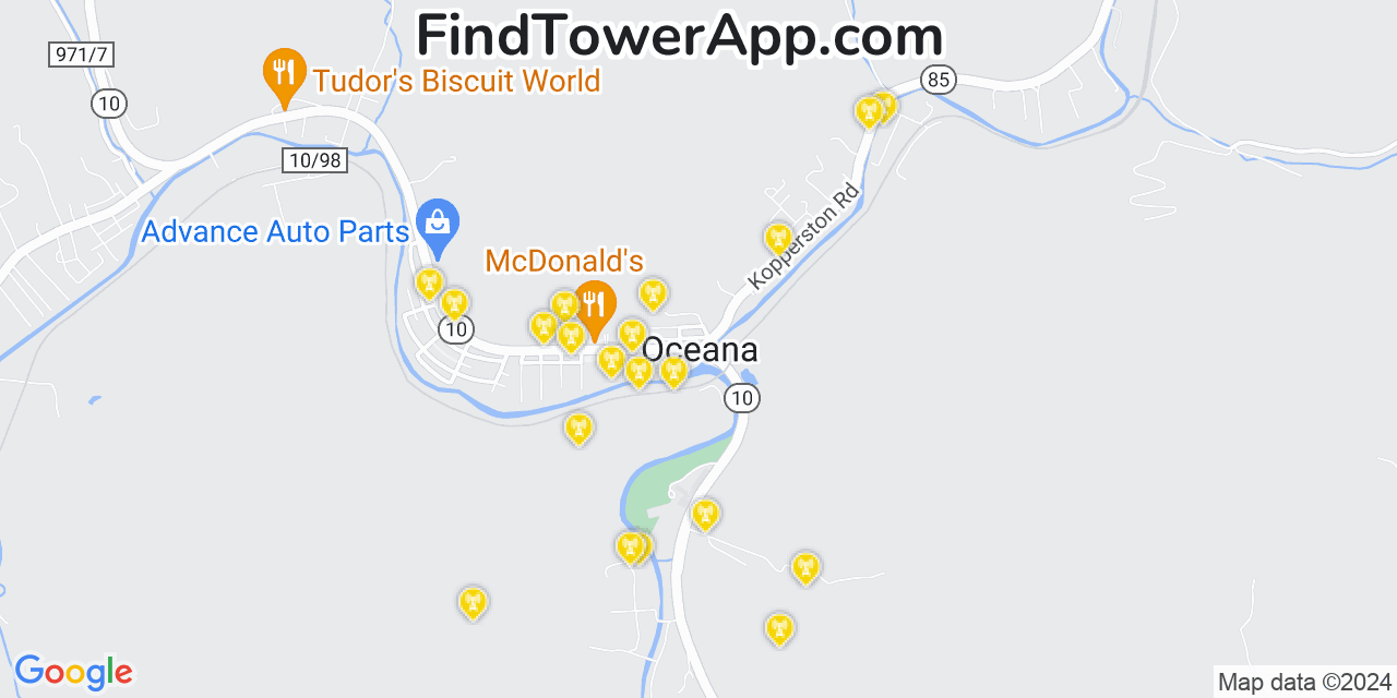 AT&T 4G/5G cell tower coverage map Oceana, West Virginia