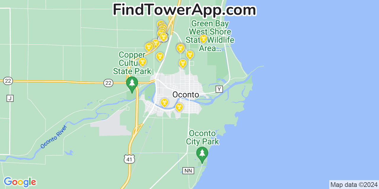 AT&T 4G/5G cell tower coverage map Oconto, Wisconsin