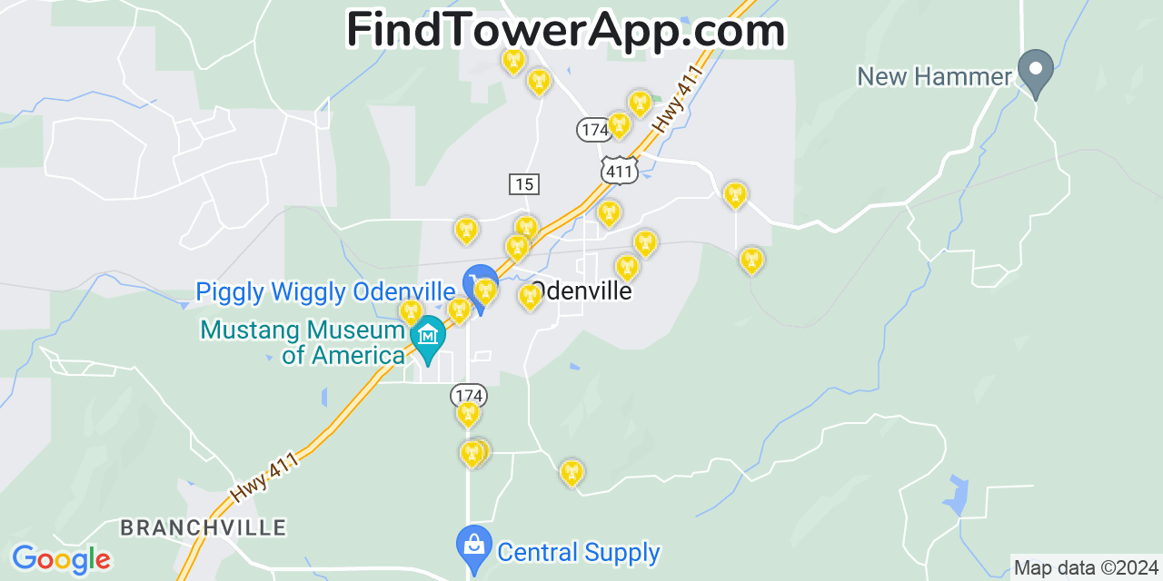 AT&T 4G/5G cell tower coverage map Odenville, Alabama
