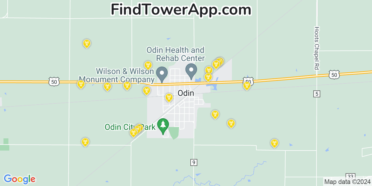AT&T 4G/5G cell tower coverage map Odin, Illinois