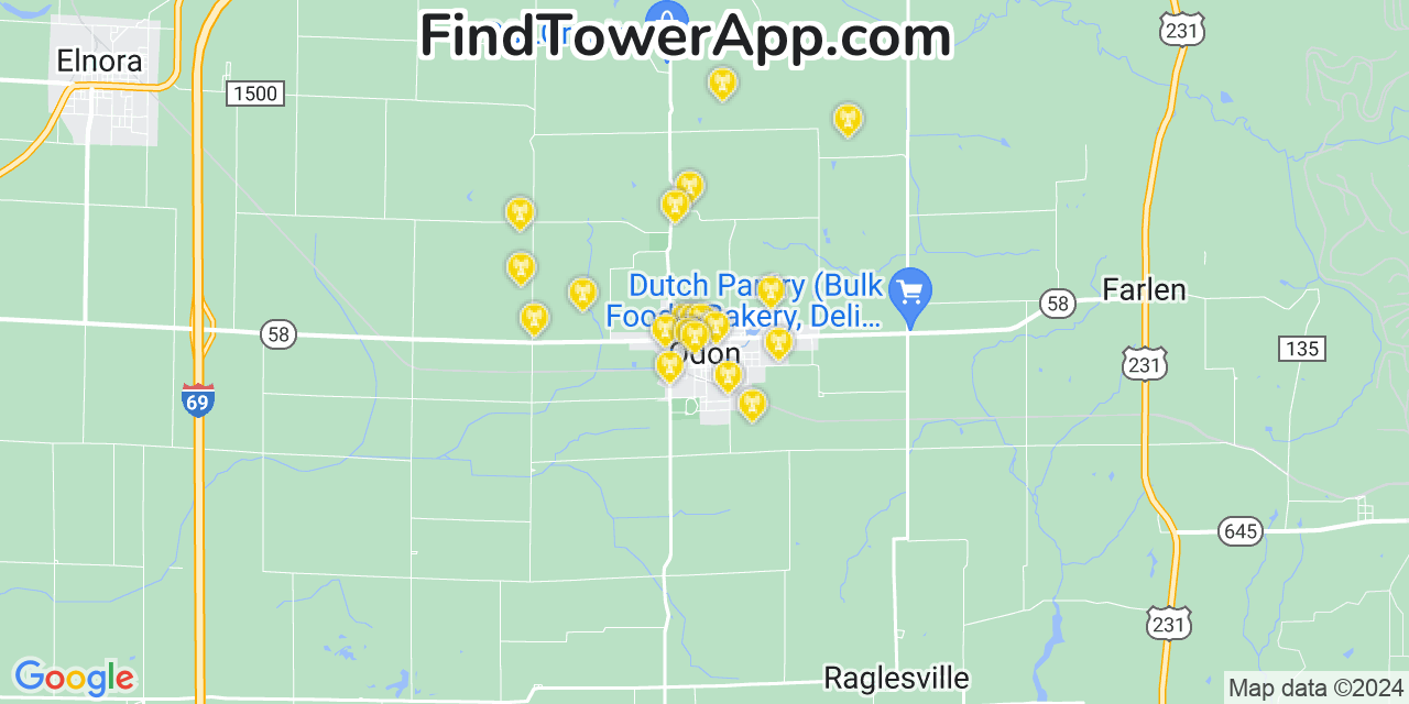 AT&T 4G/5G cell tower coverage map Odon, Indiana