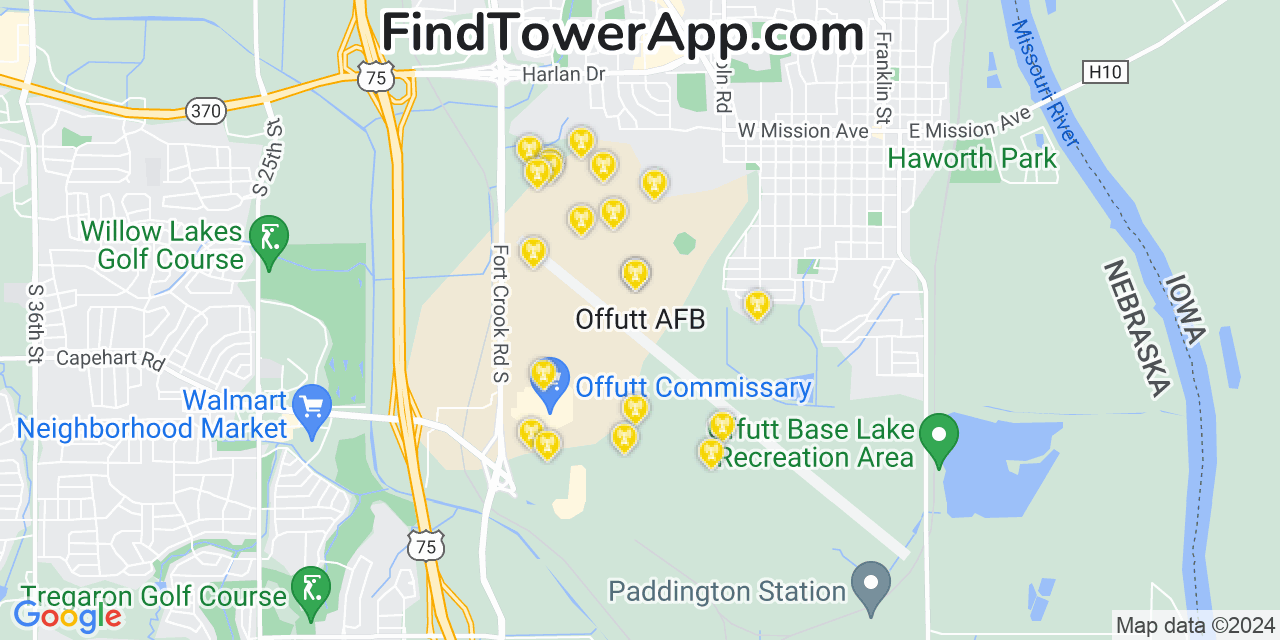 AT&T 4G/5G cell tower coverage map Offutt Air Force Base, Nebraska