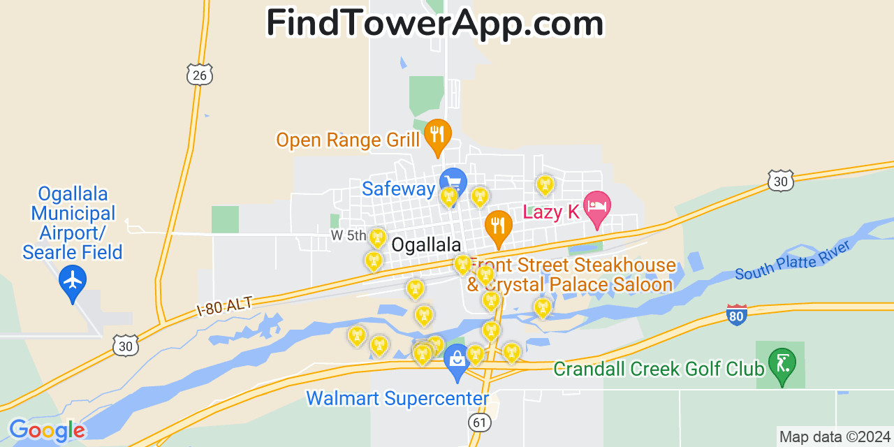 AT&T 4G/5G cell tower coverage map Ogallala, Nebraska