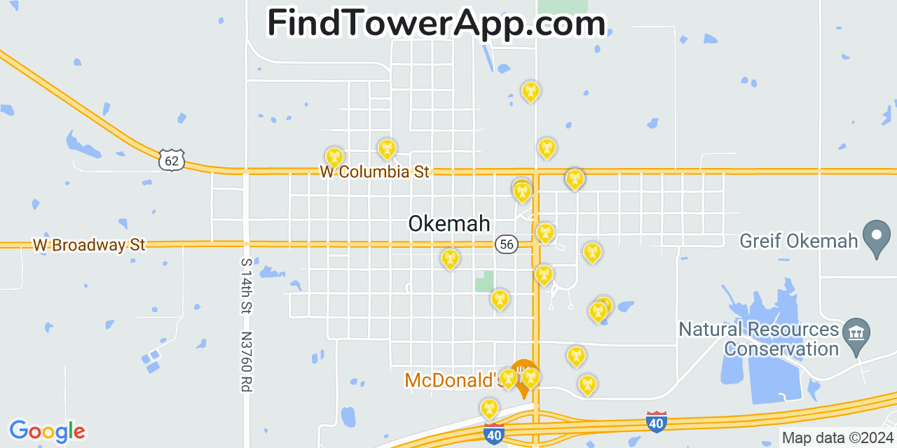 AT&T 4G/5G cell tower coverage map Okemah, Oklahoma