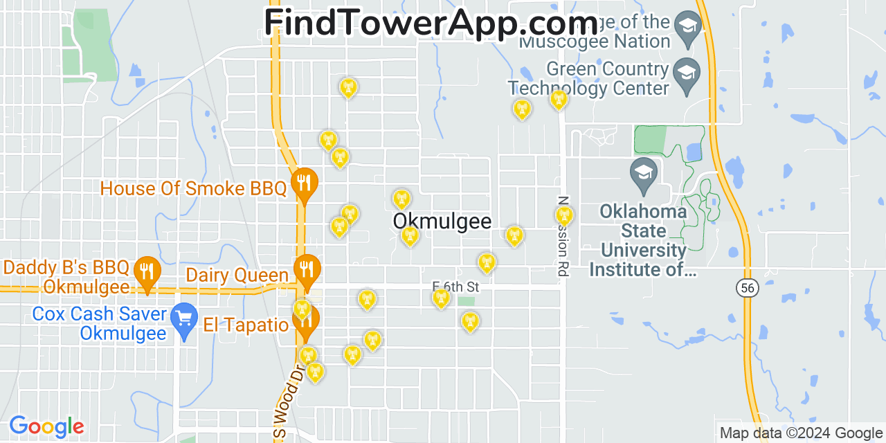 Verizon 4G/5G cell tower coverage map Okmulgee, Oklahoma