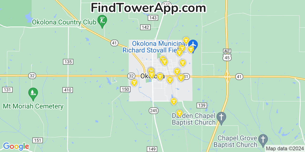 AT&T 4G/5G cell tower coverage map Okolona, Mississippi