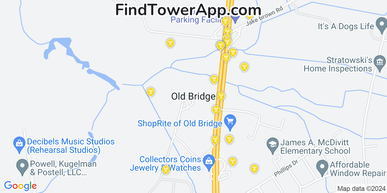 AT&T 4G/5G cell tower coverage map Old Bridge, New Jersey
