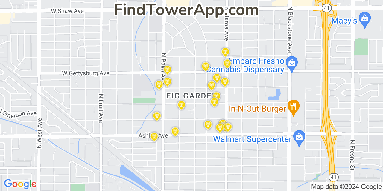 AT&T 4G/5G cell tower coverage map Old Fig Garden, California