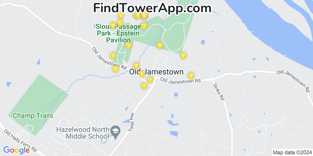 AT&T 4G/5G cell tower coverage map Old Jamestown, Missouri
