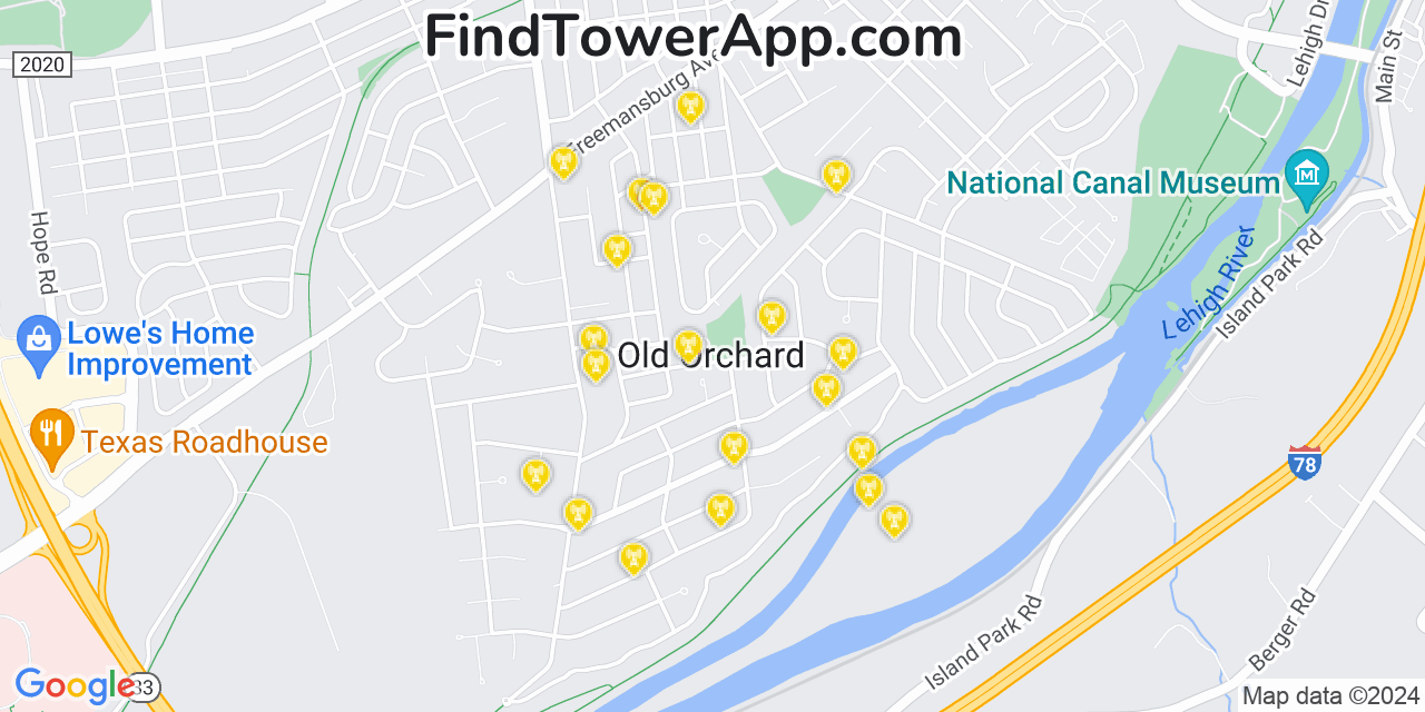AT&T 4G/5G cell tower coverage map Old Orchard, Pennsylvania