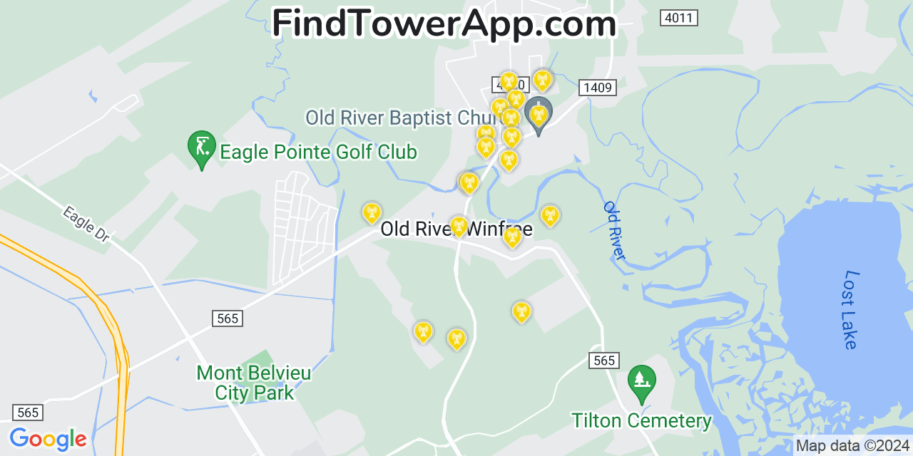 AT&T 4G/5G cell tower coverage map Old River Winfree, Texas