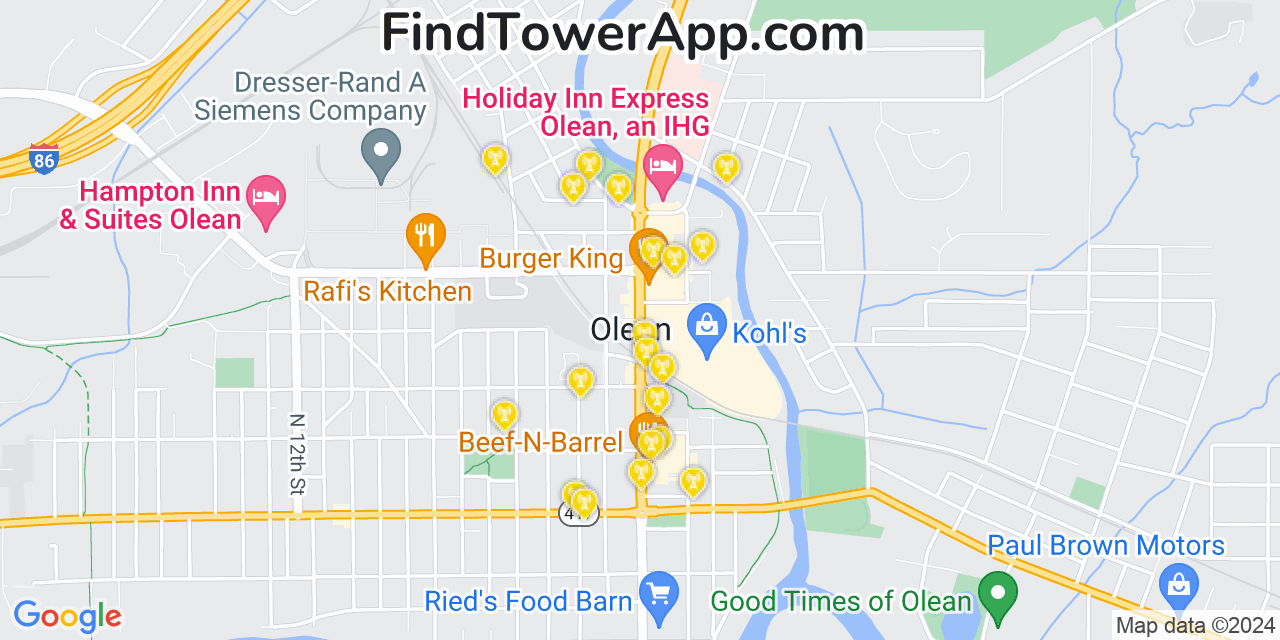 AT&T 4G/5G cell tower coverage map Olean, New York