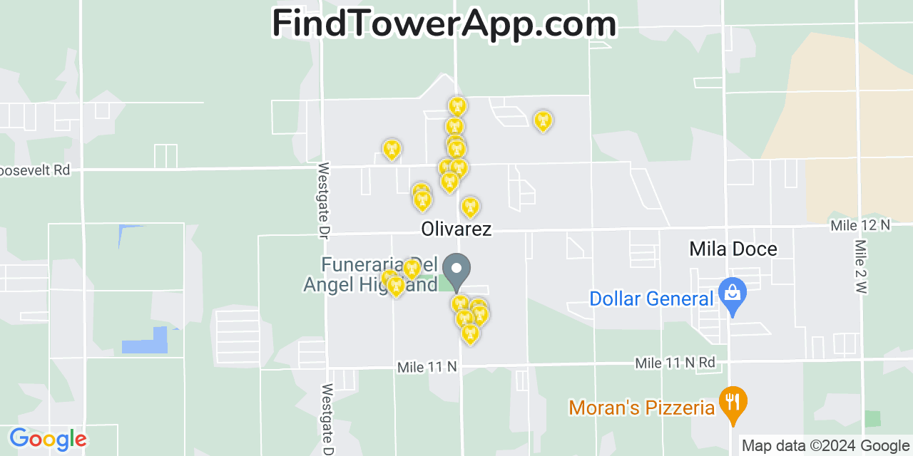 AT&T 4G/5G cell tower coverage map Olivarez, Texas