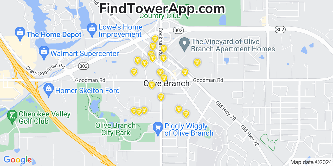 AT&T 4G/5G cell tower coverage map Olive Branch, Mississippi
