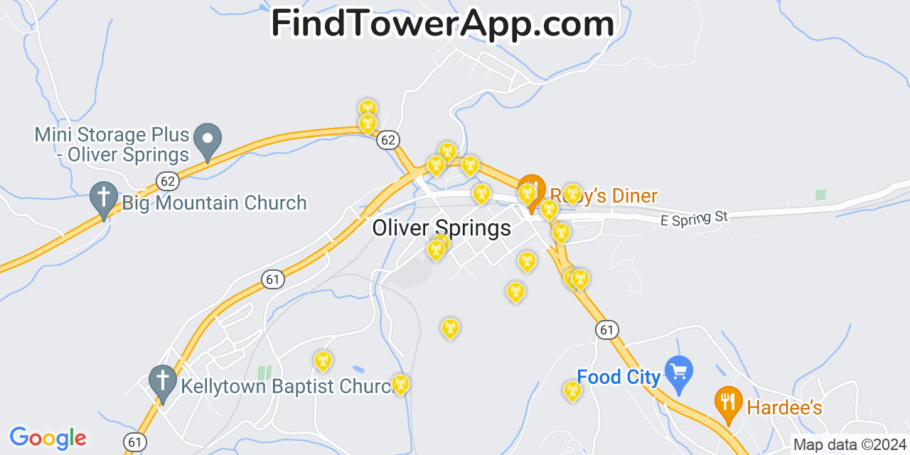 AT&T 4G/5G cell tower coverage map Oliver Springs, Tennessee