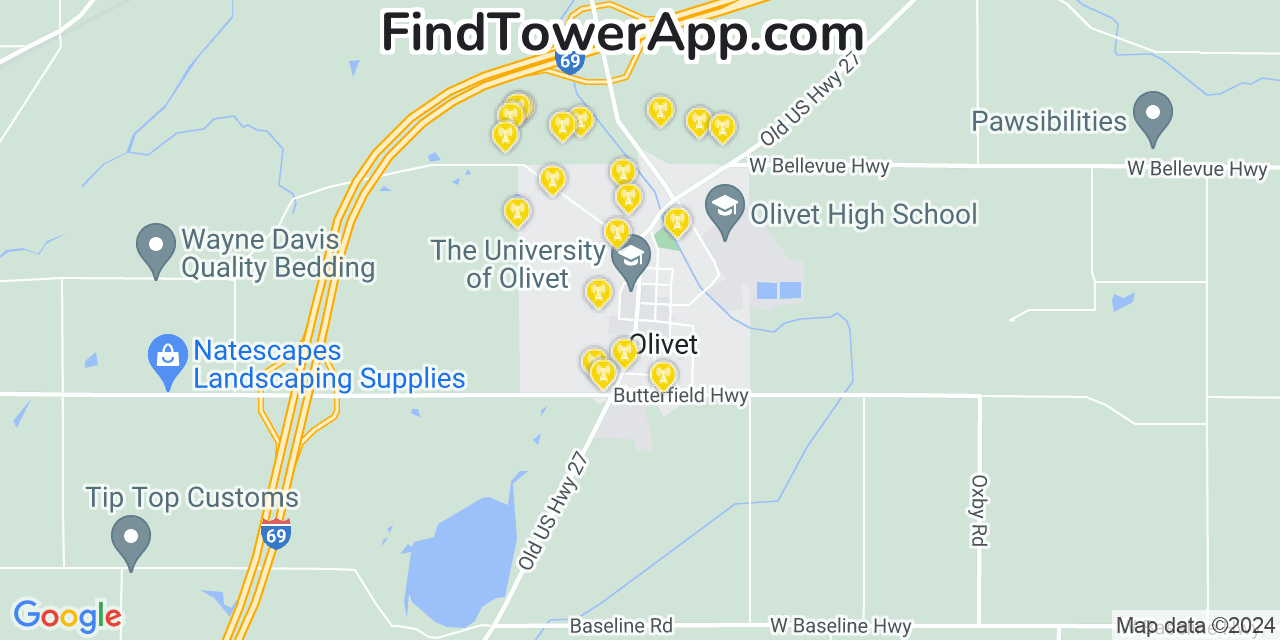 AT&T 4G/5G cell tower coverage map Olivet, Michigan