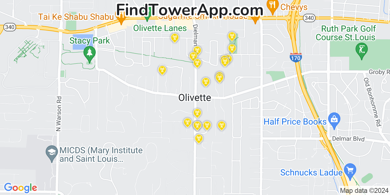 AT&T 4G/5G cell tower coverage map Olivette, Missouri