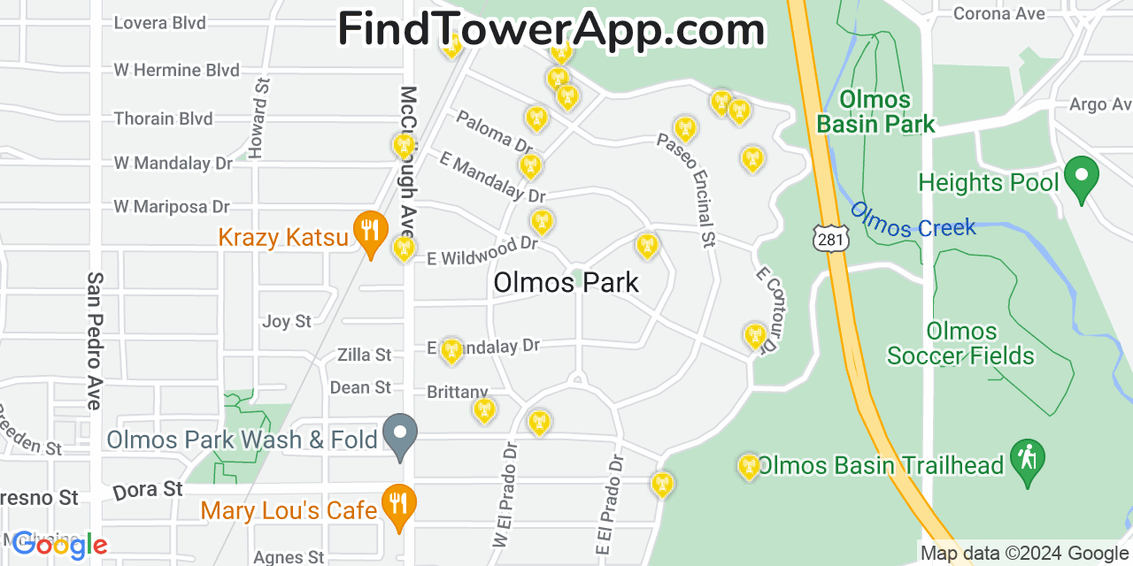 AT&T 4G/5G cell tower coverage map Olmos Park, Texas
