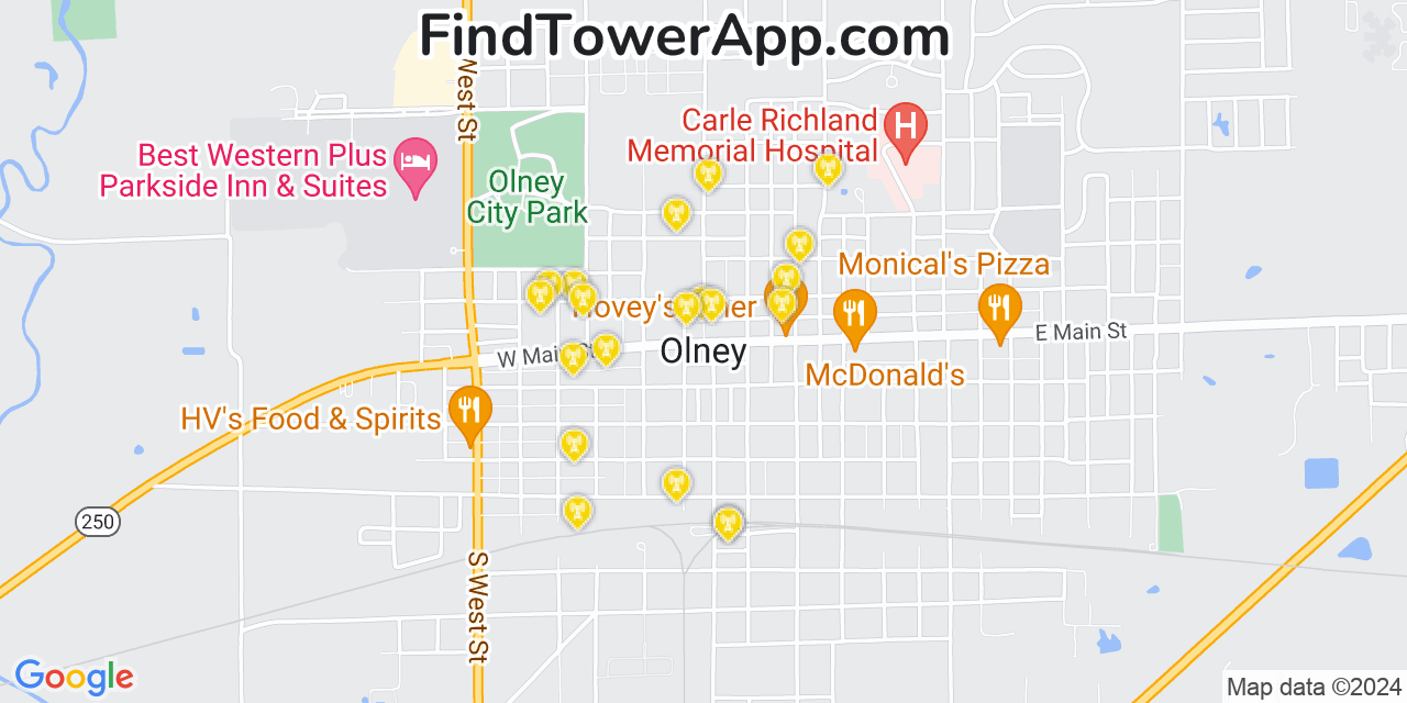 AT&T 4G/5G cell tower coverage map Olney, Illinois