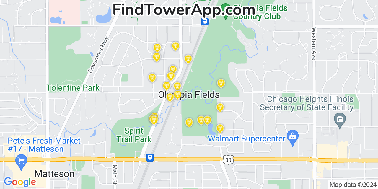 Verizon 4G/5G cell tower coverage map Olympia Fields, Illinois