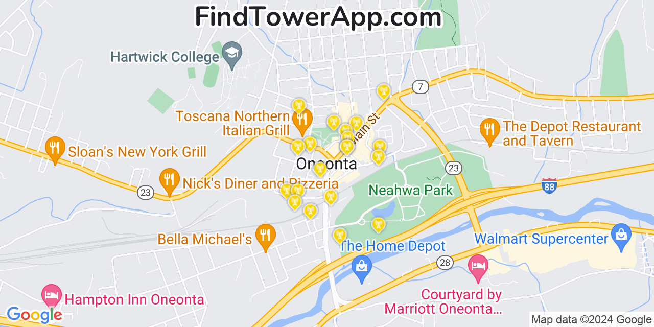 AT&T 4G/5G cell tower coverage map Oneonta, New York