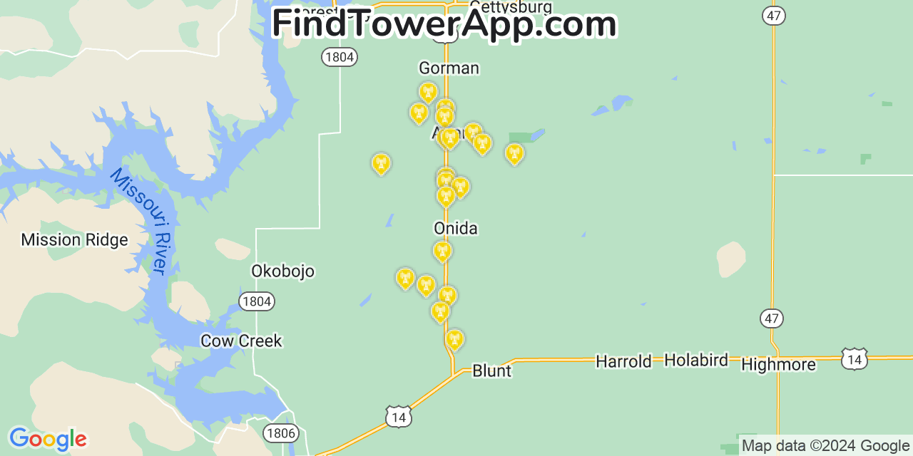 AT&T 4G/5G cell tower coverage map Onida, South Dakota