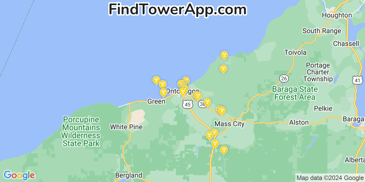 AT&T 4G/5G cell tower coverage map Ontonagon, Michigan