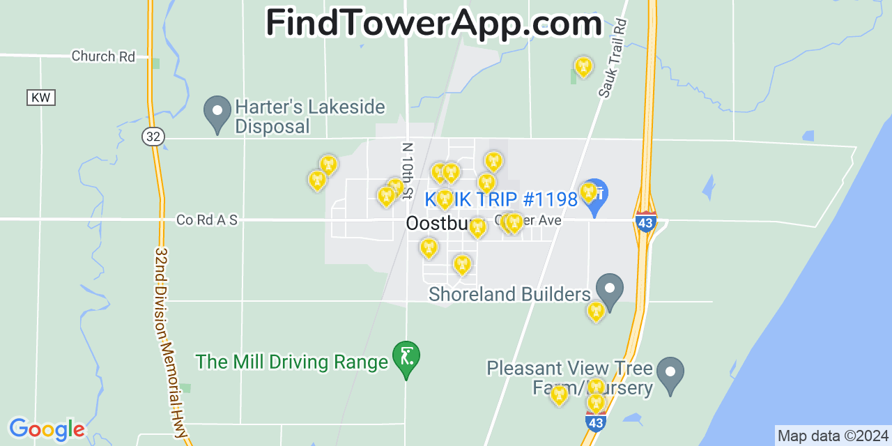 AT&T 4G/5G cell tower coverage map Oostburg, Wisconsin