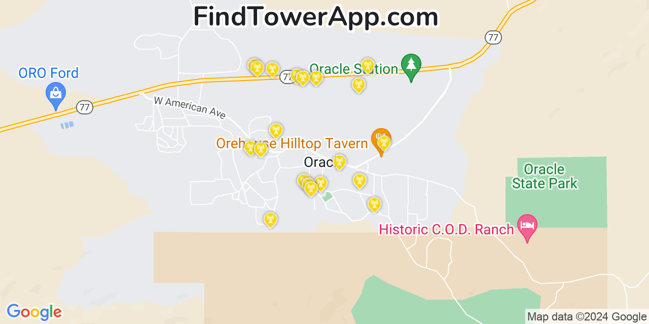 AT&T 4G/5G cell tower coverage map Oracle, Arizona