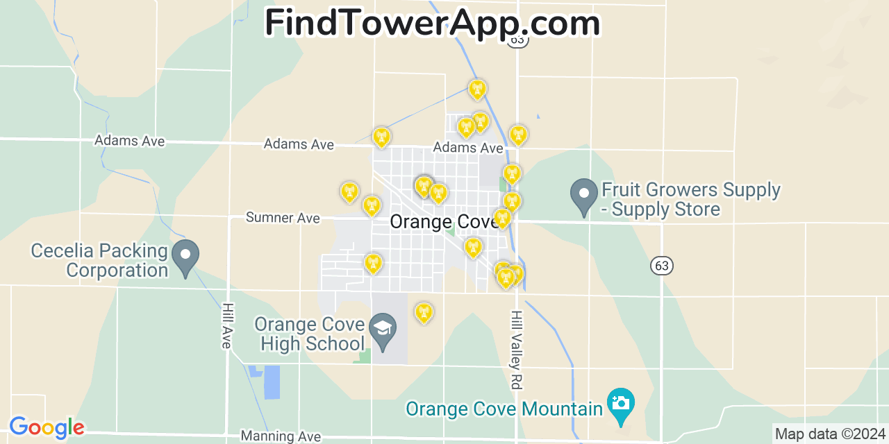 Verizon 4G/5G cell tower coverage map Orange Cove, California