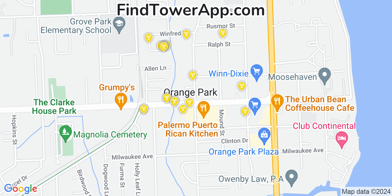 AT&T 4G/5G cell tower coverage map Orange Park, Florida