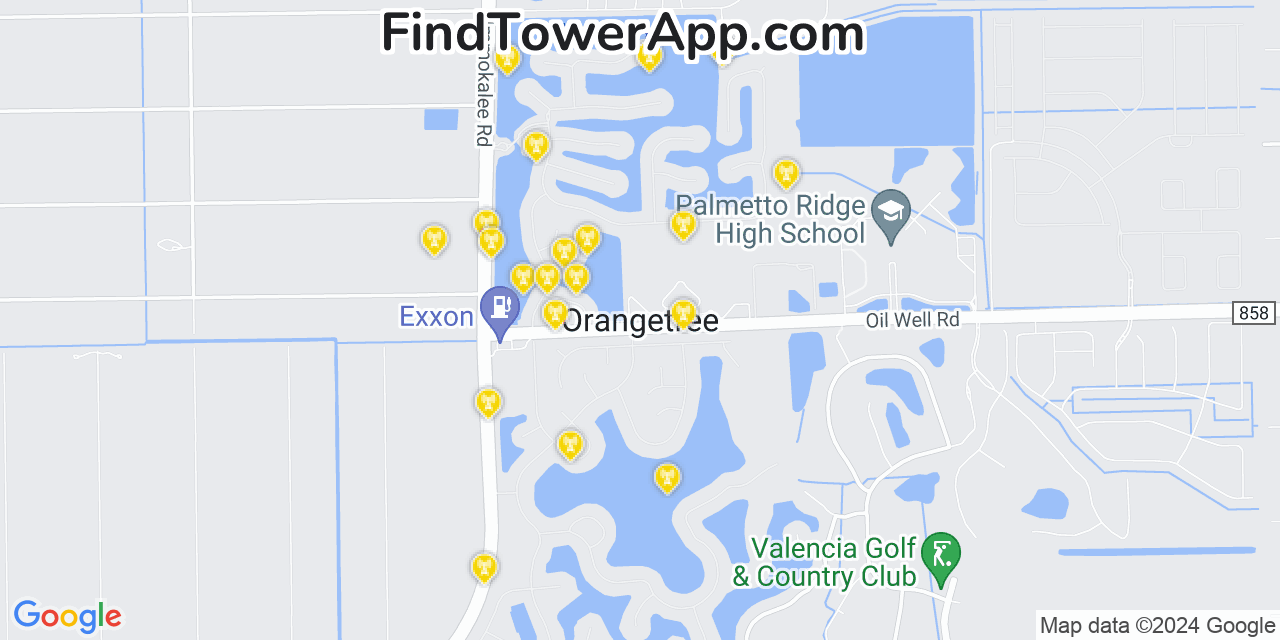 AT&T 4G/5G cell tower coverage map Orangetree, Florida