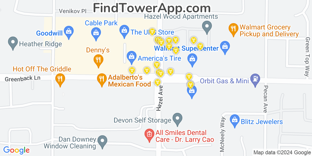 AT&T 4G/5G cell tower coverage map Orangevale, California