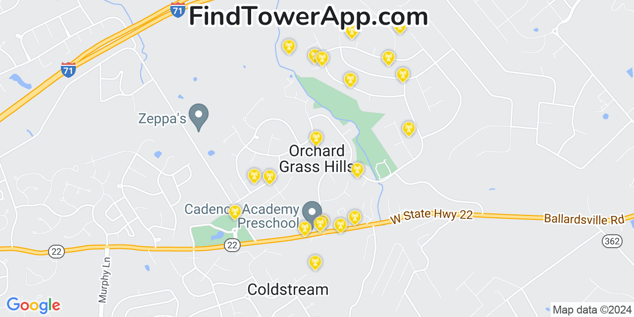 AT&T 4G/5G cell tower coverage map Orchard Grass Hills, Kentucky