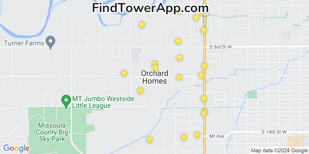 AT&T 4G/5G cell tower coverage map Orchard Homes, Montana