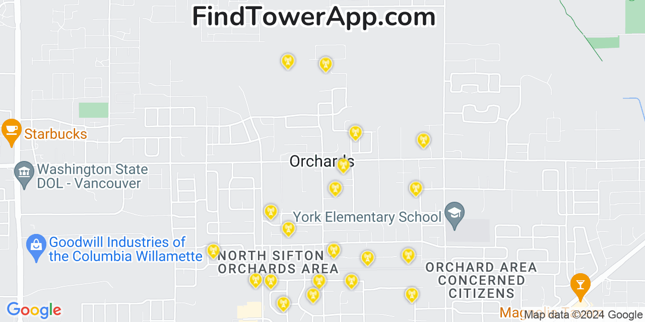 AT&T 4G/5G cell tower coverage map Orchards, Washington