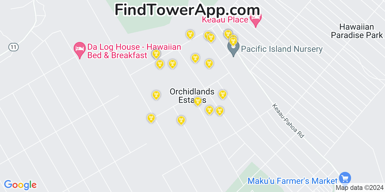 AT&T 4G/5G cell tower coverage map Orchidlands Estates, Hawaii