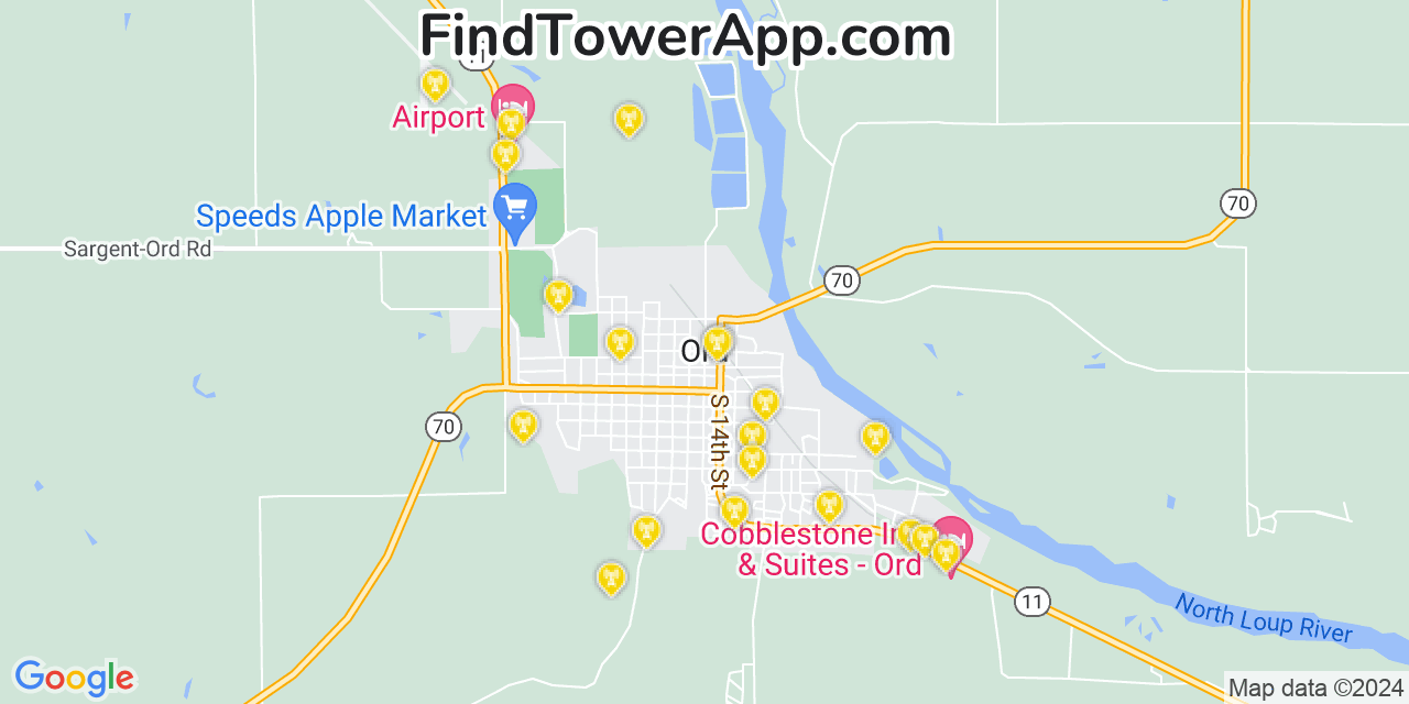 AT&T 4G/5G cell tower coverage map Ord, Nebraska