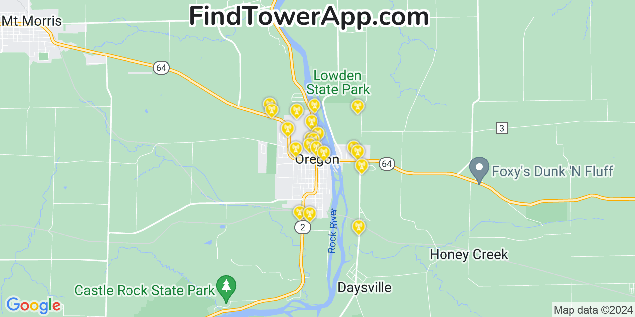AT&T 4G/5G cell tower coverage map Oregon, Illinois