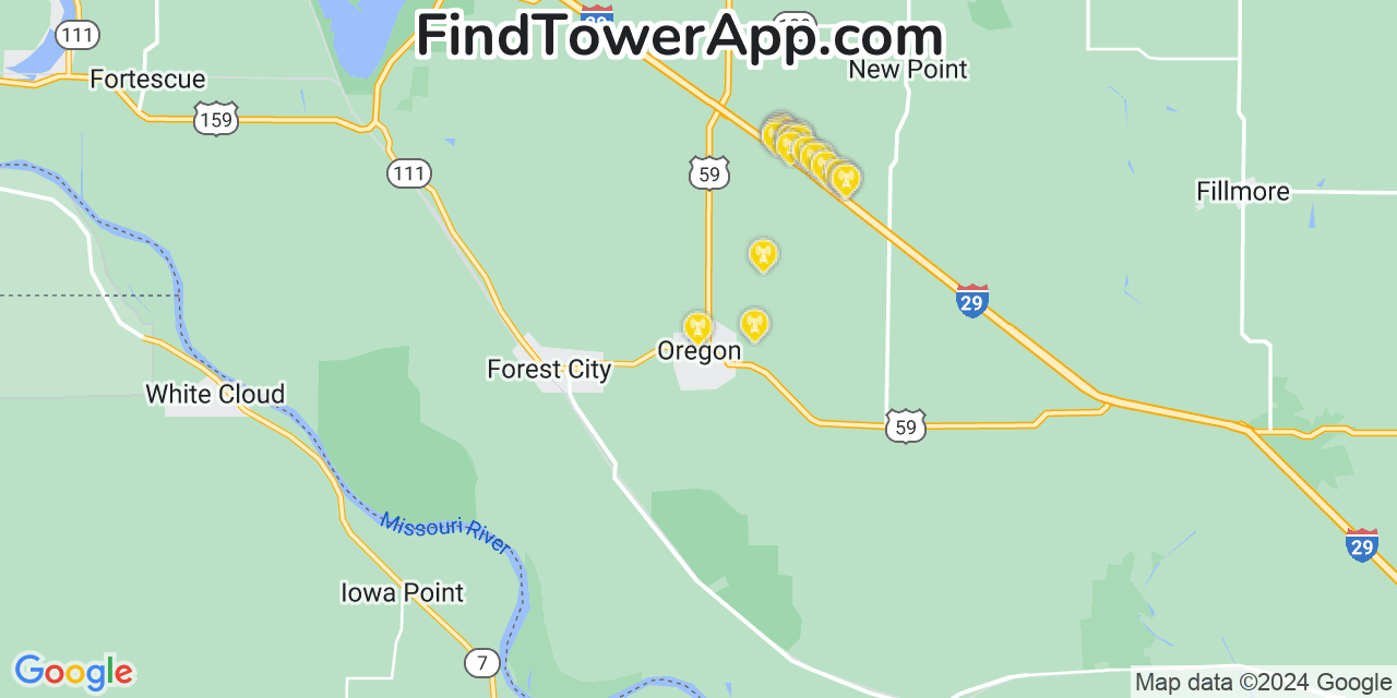 AT&T 4G/5G cell tower coverage map Oregon, Missouri