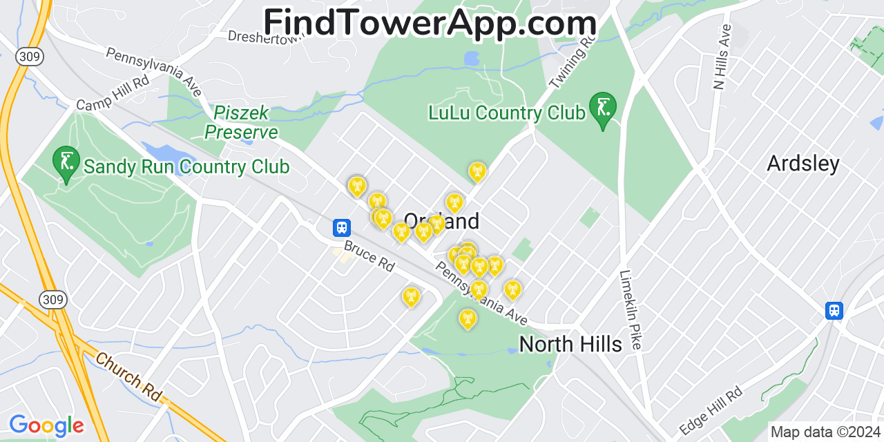 AT&T 4G/5G cell tower coverage map Oreland, Pennsylvania