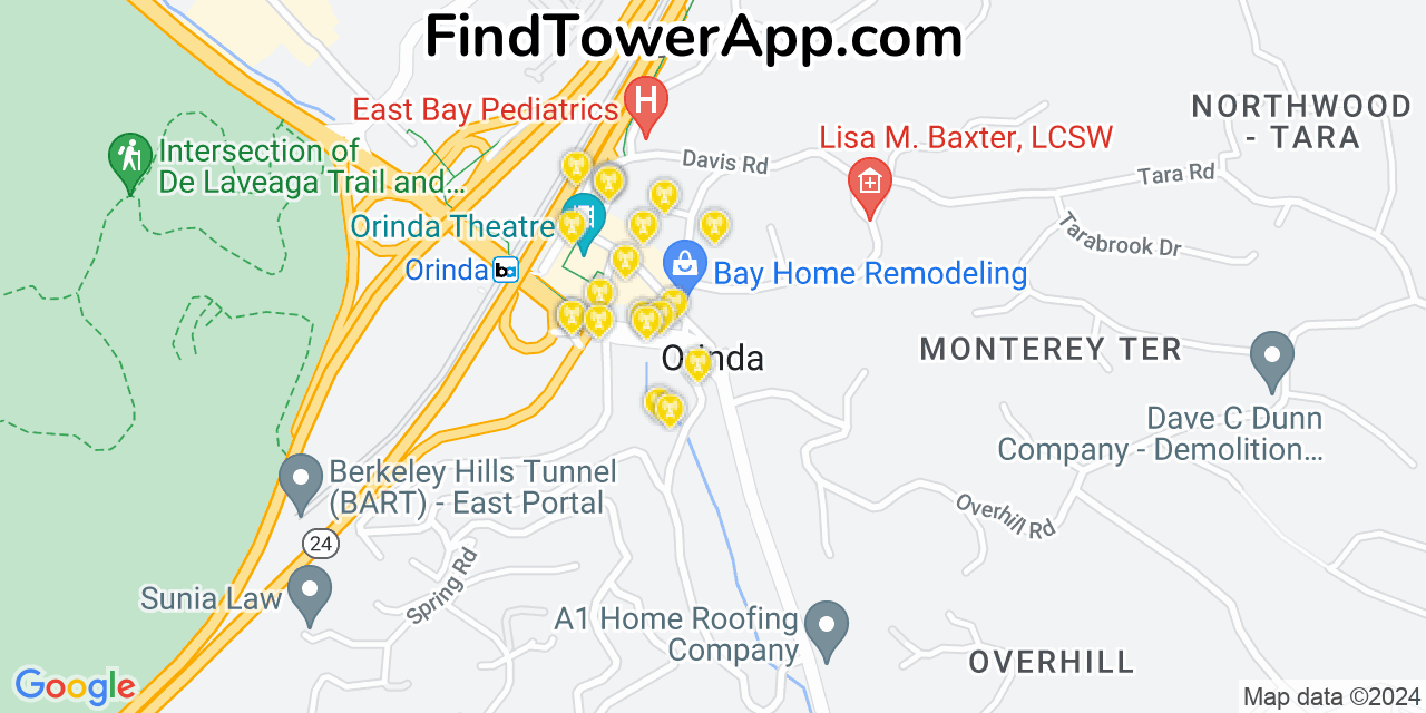 Verizon 4G/5G cell tower coverage map Orinda, California